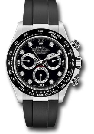 Replica Rolex White Gold Cosmograph Daytona 40 Watch 116519LN Black Diamond Dial Black Oysterflex Strap